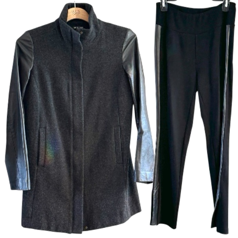 Eileen Fisher SET Leather Trimmed Wool Melton Coat and Pants
